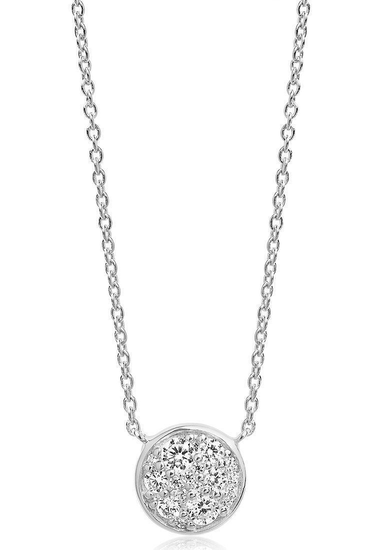 Collana con pendente in argento, dotata di un ciondolo circolare che presenta molteplici pietre scintillanti e una delicata catena a maglie.