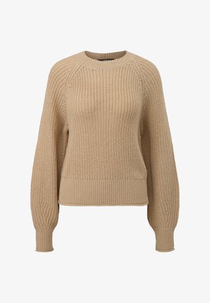 Beige knitted sweater with a ribbed neckline and cuffs, featuring a textured stitch pattern and a relaxed fit design.