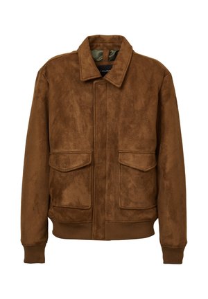 Veste en suède synthétique marron avec un col, deux poches plaquées à l'avant, des poignets côtelés et un ourlet. Texture lisse et coupe décontractée.