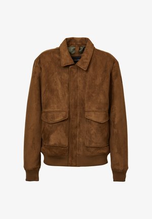 Brown faux suede jacket with a collar, two front patch pockets, ribbed cuffs, and hem. Smooth texture and relaxed fit.