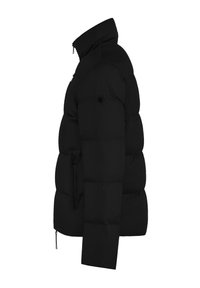 Giubbotto imbottito nero con colletto alto, tasca con zip sul lato e texture trapuntata. Presenta una silhouette dritta e hardware minimale.