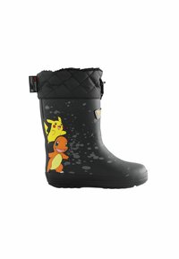 Zwarte rubberen regenlaars met een gewatteerde bovenkant, featuring Pokémon-personages Pikachu en Charmander, en een gestructureerde zool voor grip.