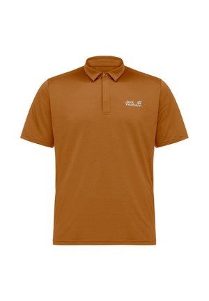 Poloshirt mit kurzen Ärmeln in Rostfarbe, mit geknöpftem Kragen und weißem Jack Wolfskin-Logo auf der linken Brust.