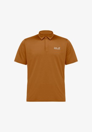 Poloshirt mit kurzen Ärmeln in Rostfarbe, mit geknöpftem Kragen und weißem Jack Wolfskin-Logo auf der linken Brust.
