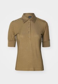Brun ribbestrikket polo skjorte med korte ermer, med en klassisk krage, fem-knapplukking og teksturert stofffinish.
