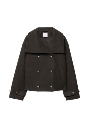 Mørkebrun uldjakke med en bred krave, dobbeltradet knaplukning og sidelommer. Har sølvfarvede knapdetaljer og manchetter.