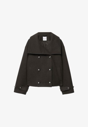 Tummanruskea villatakki leveällä kauluksella, kaksirivinen nappikiinnitys ja sivutaskut. Varustettu hopeanvärisillä nappikoristeilla ja kalvosin yksityiskohdilla.