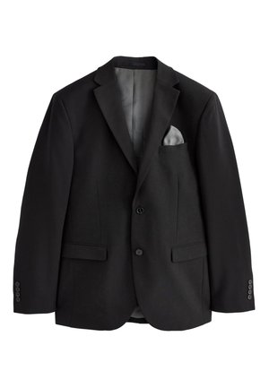 Blazer homme noir sur mesure avec deux boutons, revers crantés, poches à rabat et un mouchoir gris dans la poche sur fond blanc.