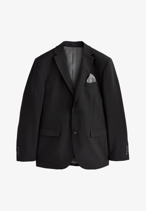 Blazer homme noir sur mesure avec deux boutons, revers crantés, poches à rabat et un mouchoir gris dans la poche sur fond blanc.