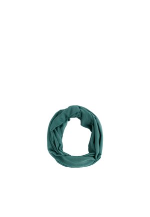 Foulard circulaire en tissu doux de couleur sarcelle, plié en boucle, isolé sur fond blanc.