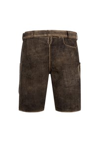 Shorts en cuir marron avec une texture lisse, dotés de passants de ceinture, de deux poches latérales et d'une poche cargo unique sur la cuisse gauche.