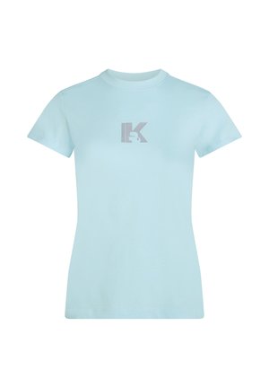 Svetlomodré priliehavé tričko s krátkym rukávom, na hrudi uprostred malé sivé logo "K" a silueta králika.