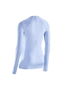 Haut de sport bleu clair à manches longues vu de dos, avec des panneaux en maille à motif losange sur les manches et le haut du dos.