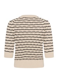 Bēša adīta džempera ar melnām horizontālām zigzaga svītrām, ar trim ceturtdaļām piedurknēm un ribainiem aprocēm un apakšu, redzama no mugurpuses.