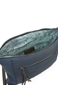 Bolso de lona azul marino con abertura con cremallera, interior estampado, detalles de ante y un bolsillo exterior con cremallera.