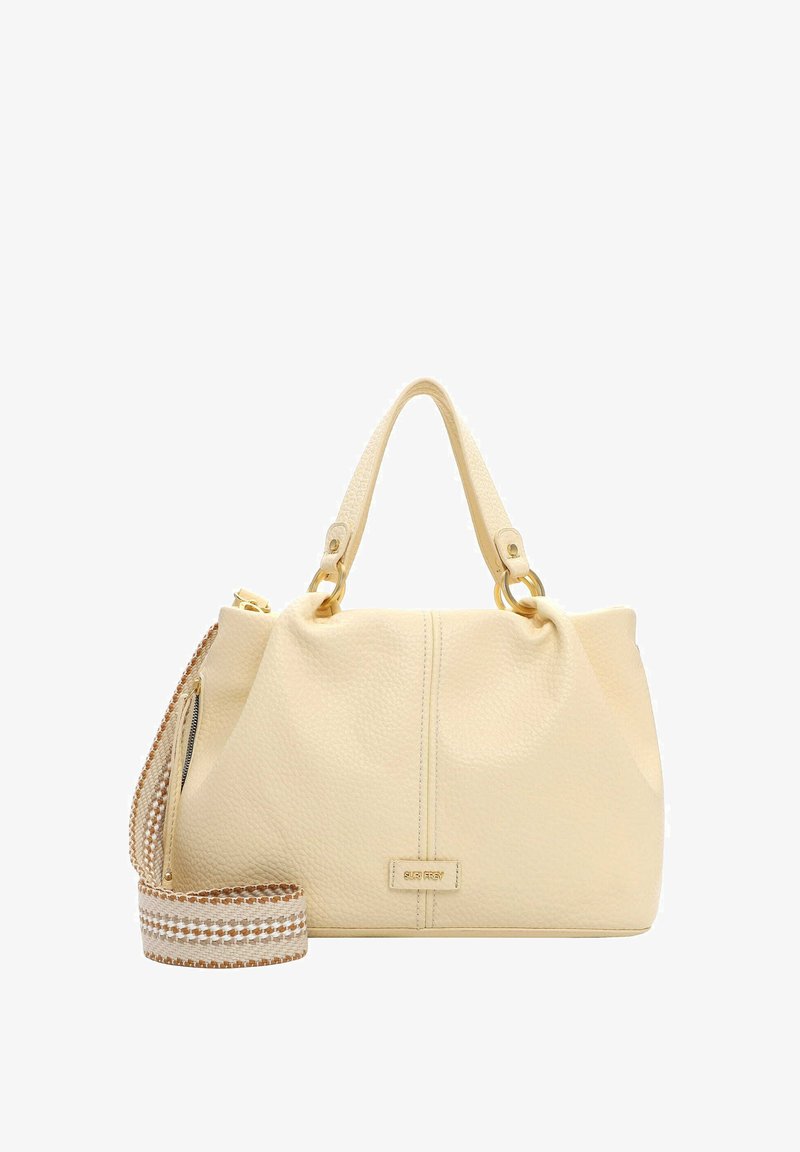 Kreemikarva tekstuuriga nahast käekott kahekordsete käepidemete, kuldse riistvara ja eemaldatava pruuni-valge punutud õlarihmaga.