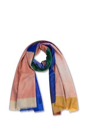 Multicolor sjaal met zachte, lichte stof. Het ontwerp bevat roze, blauwe, groene en gele delen met franjes aan de randen.