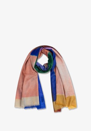 Multicolor sjaal met zachte, lichte stof. Het ontwerp bevat roze, blauwe, groene en gele delen met franjes aan de randen.