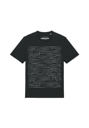 T-shirt noir manches courtes avec un motif de lignes horizontales blanches formant des visages et oreilles de chat minimalistes sur le devant.