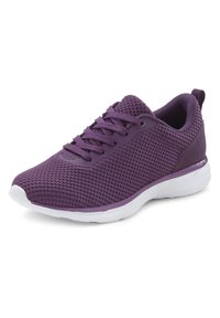 Lila Sportschuh mit einem Obermaterial aus Mesh, runder Zehenpartie und weißer Gummisohle. Verfügt über flache Schnürsenkel und einen Zugschlaufe an der Ferse.