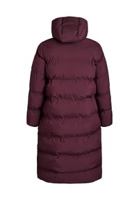 Long, padded, hooded winter coat in deep burgundy shown from the back with horizontal quilted stitching.