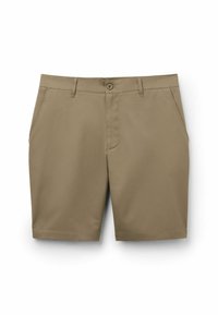 Khaki šortky vyrobené z hladké tkaniny; zahrnují knoflíkové zapínání, přední kapsy a délku ke kolenům. Minimalistický design bez vzorů.