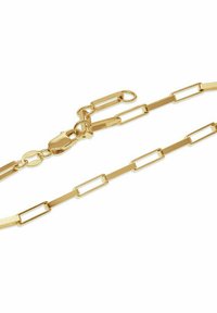 Eine goldfarbene Metalkette mit rechteckigen Gliedern, einer glänzenden Oberfläche und einem Karabinerhakenverschluss für sicheren Halt.