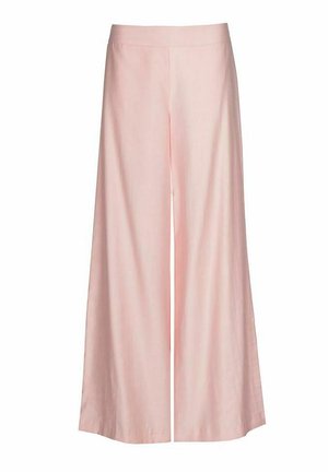Hellrosa Damenhose mit weitem Bein, hoher Taille und glattem Stoff, vor einem weißen Hintergrund präsentiert.