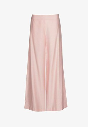 Pantalon large pour femmes de couleur rose clair, taille haute et tissu lisse, présenté sur un fond blanc.