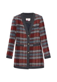 Červený a modrý károvaný blazer s hlbokým výstrihom do V a tromi gombíkmi, s dvoma postrannými vreckami a kontrastným tmavým golierom a manžetami.