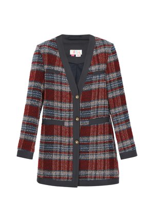 Blazer în carouri roșu și albastru, cu un decolteu adânc în formă de V și trei butoane, având două buzunare laterale și un guler și manșete în contrast de culoare închisă.