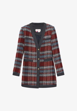 Red and blue plaid blazer with a deep V-neck and three buttons, featuring two side pockets and contrasting dark collar and cuffs.