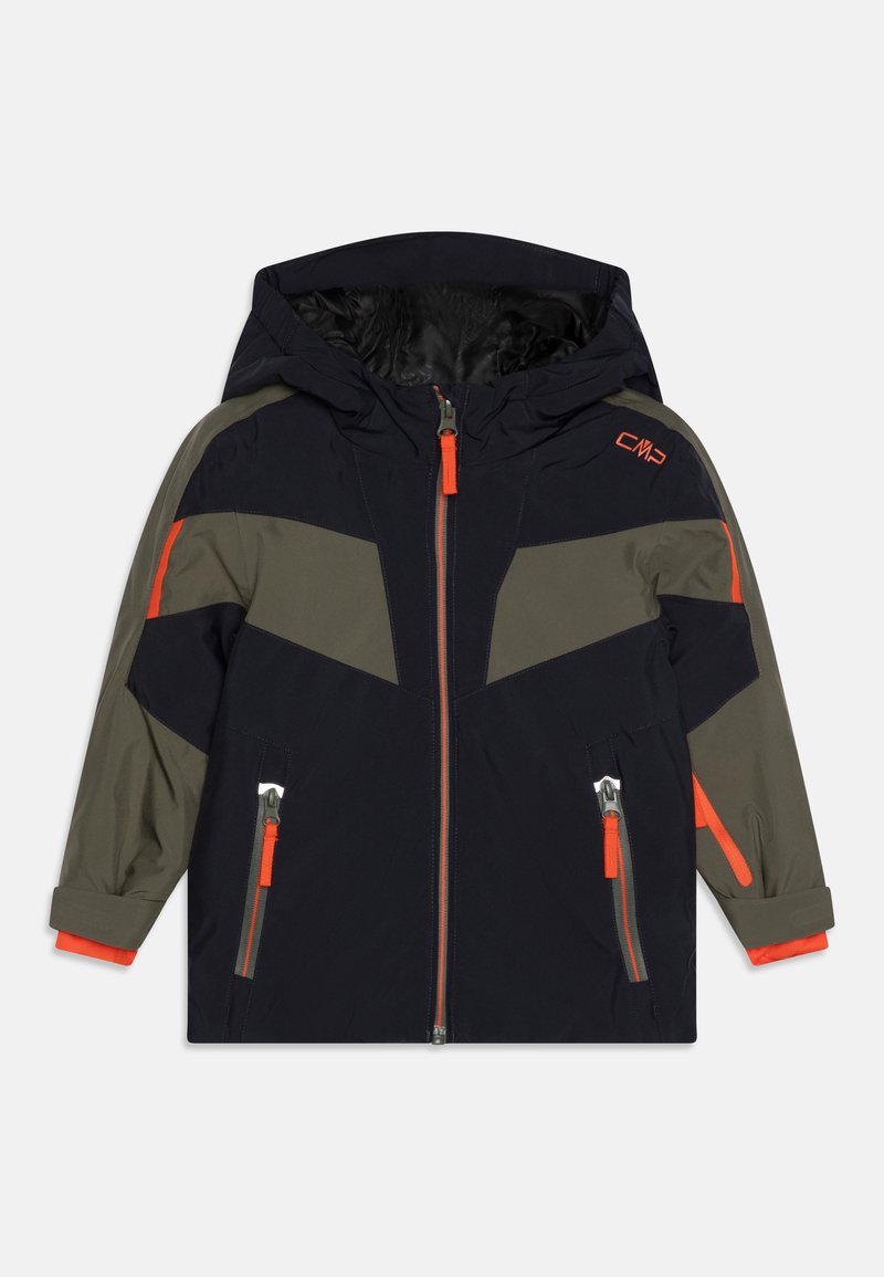 Ski jacket in dark blue, olive green accents, featuring a hood, front zipper, side pockets with orange details, and contrasting color blocks.