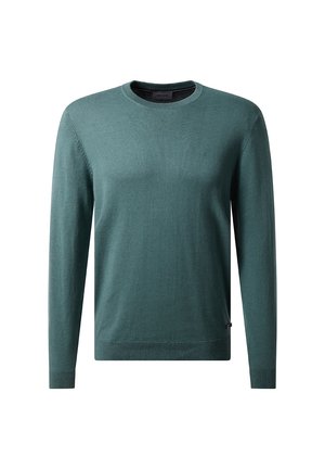 Dunkelgrüner Rundhals pullover aus weichem Material, mit langen Ärmeln, gerippten Bündchen und Saum, subtiler Textur und minimalem Branding-Detail.