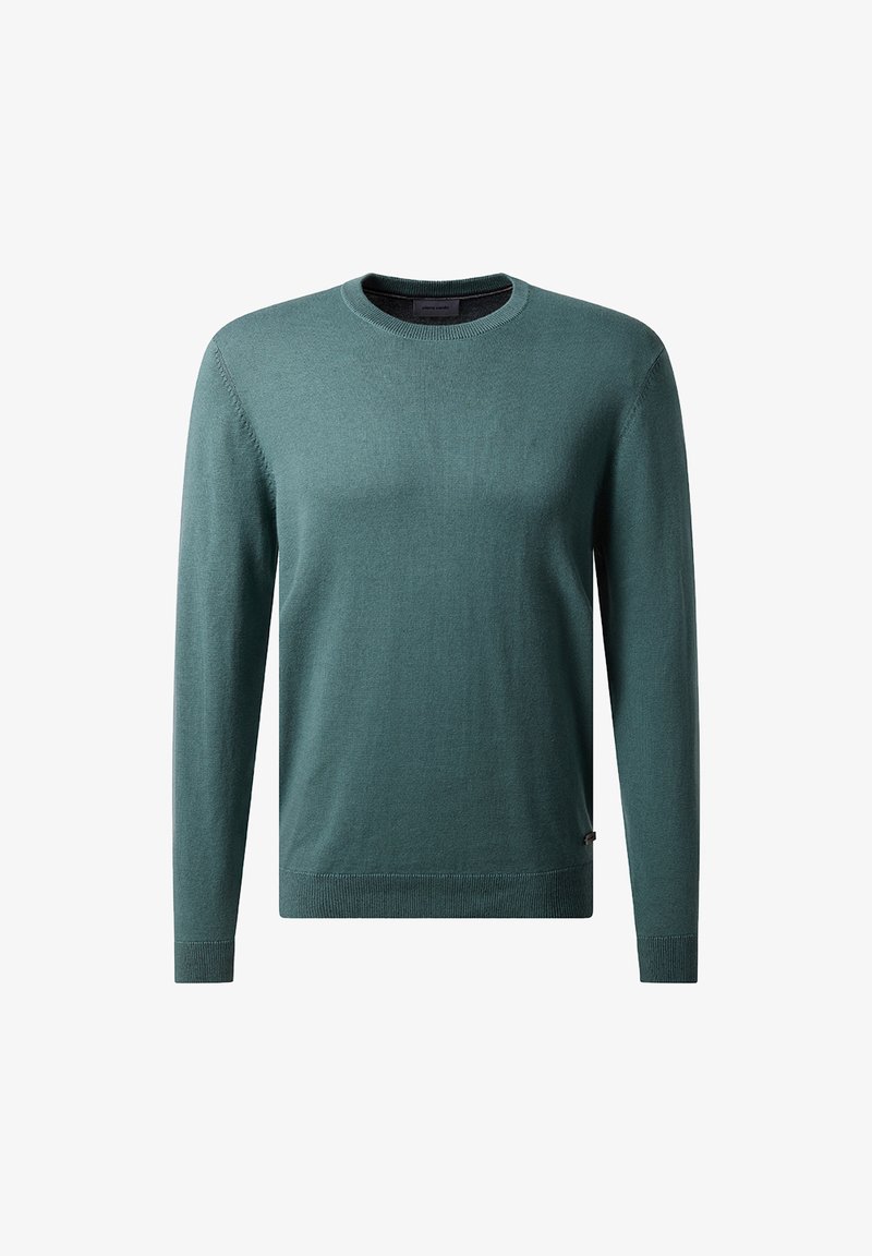Maglione a girocollo verde scuro realizzato in materiale morbido, con maniche lunghe, polsini e orlo a costine, caratterizzato da una texture sottile e dettagli di branding minimi.