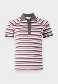 Kortärmad polo med rosa, vit och brun horisontella ränder, brun krage och knäppning.