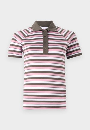 Korte mouw polo shirt met roze, witte en bruine horizontale strepen, een bruine kraag en een knoopsluiting.
