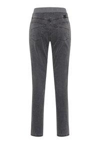 Jeans in denim grigio con un leggero tessuto elasticizzato, cinque tasche e un design a gamba affusolata con una finitura in colore solido.