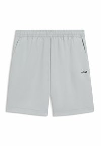 Lichtgrijze sportshorts gemaakt van lichtgewicht stof. Beschikt over een elastische tailleband en zijzakken. Merklogo bedrukt op de zoom.