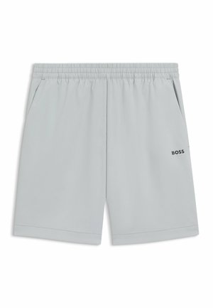 Hellgraue Sport Shorts aus leichtem Material. Mit elastischem Bund und Seitentaschen. Markenlogo am Saum aufgedruckt.