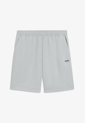 Hellgraue Sport Shorts aus leichtem Material. Mit elastischem Bund und Seitentaschen. Markenlogo am Saum aufgedruckt.