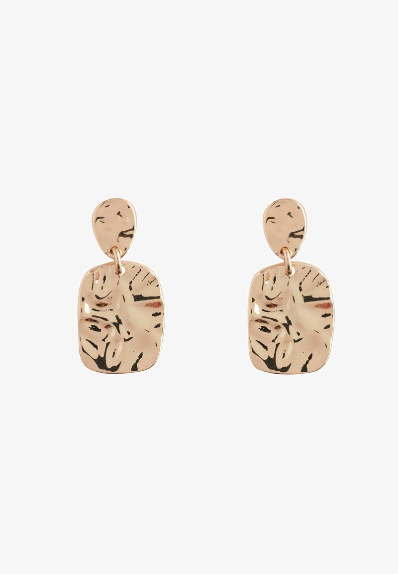 Rose gold earrings featuring an abstract, textured design with a drop style. The shape is rectangular with a rounded top accent.