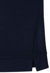 Marineblaues Baumwoll-Sweatshirt mit glatter Textur, seitlichen Schlitzen am Saum und einem klaren, schlichten Design ohne Muster oder Akzente.