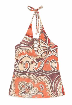 Halter neck top with orange, beige, and brown paisley patterns, featuring a front lace-up detail and tie closure at the neck.