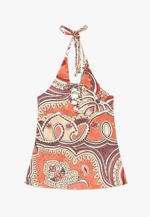 Haut à col halter avec motifs paisley orange, beige et marron, avec un détail lacé à l'avant et une fermeture à nouer au niveau du cou.