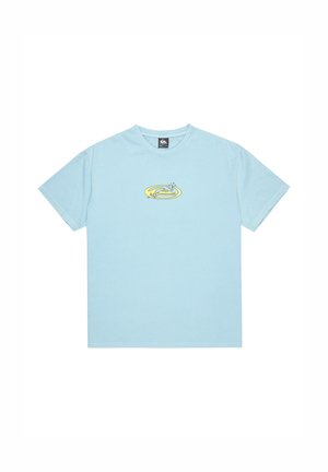 Light blue short-sleeve t-shirt made of soft cotton, featuring a central yellow graphic design with an oval shape and subtle accents.
