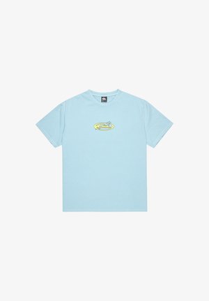 Light blue short-sleeve t-shirt made of soft cotton, featuring a central yellow graphic design with an oval shape and subtle accents.