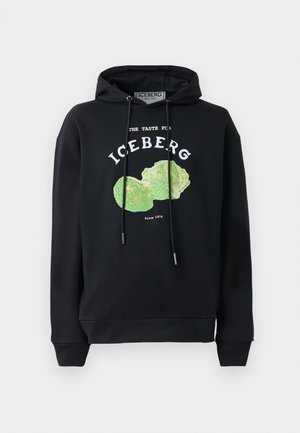 Black hoodie with drawstrings and front graphic of a green lettuce design. Features printed text: "THE TASTE FOR ICEBERG" and "Since 1974."