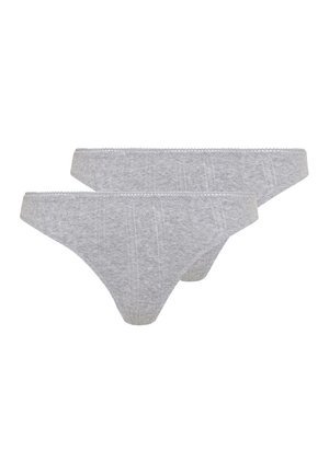 Two gray cotton low-rise women's briefs with subtle vertical stripe texture and scalloped elastic waistband edges.