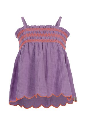 Paarse mouwloze peuterjurk met oranje zigzagstiksels, geplooide bovenzijde en gegolfde zoom met oranje rand.